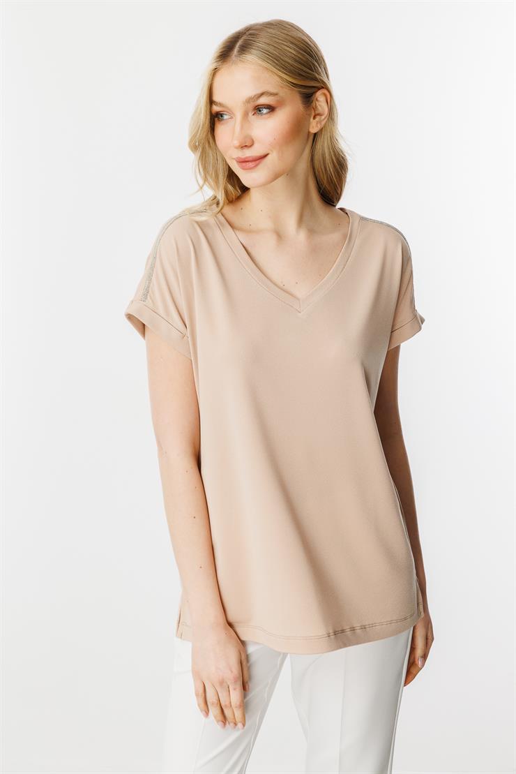 Zincir Detaylı V Yaka Bluz-Vizon