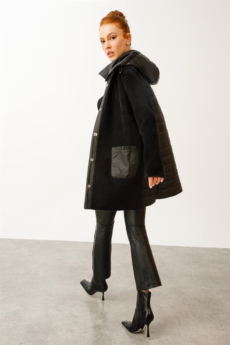 Angored Kombinli Kapitone Kapüşonlu Mont-Siyah