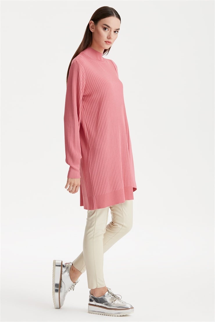 ASİMETRİK DETAYLI RAYON TUNİK PEMBE