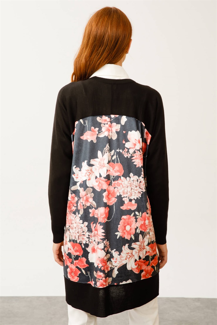 Çiçek Desenli Triko Kombinli Hırka-Siyah-Pembe