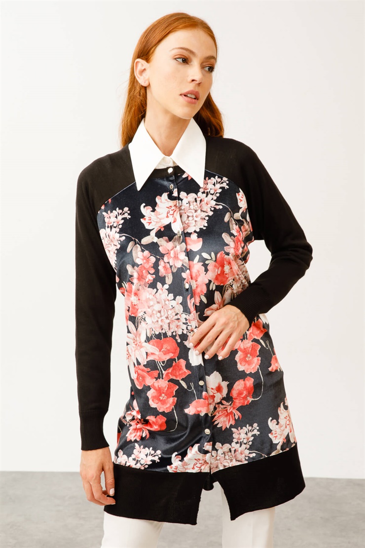 Çiçek Desenli Triko Kombinli Hırka-Siyah-Pembe