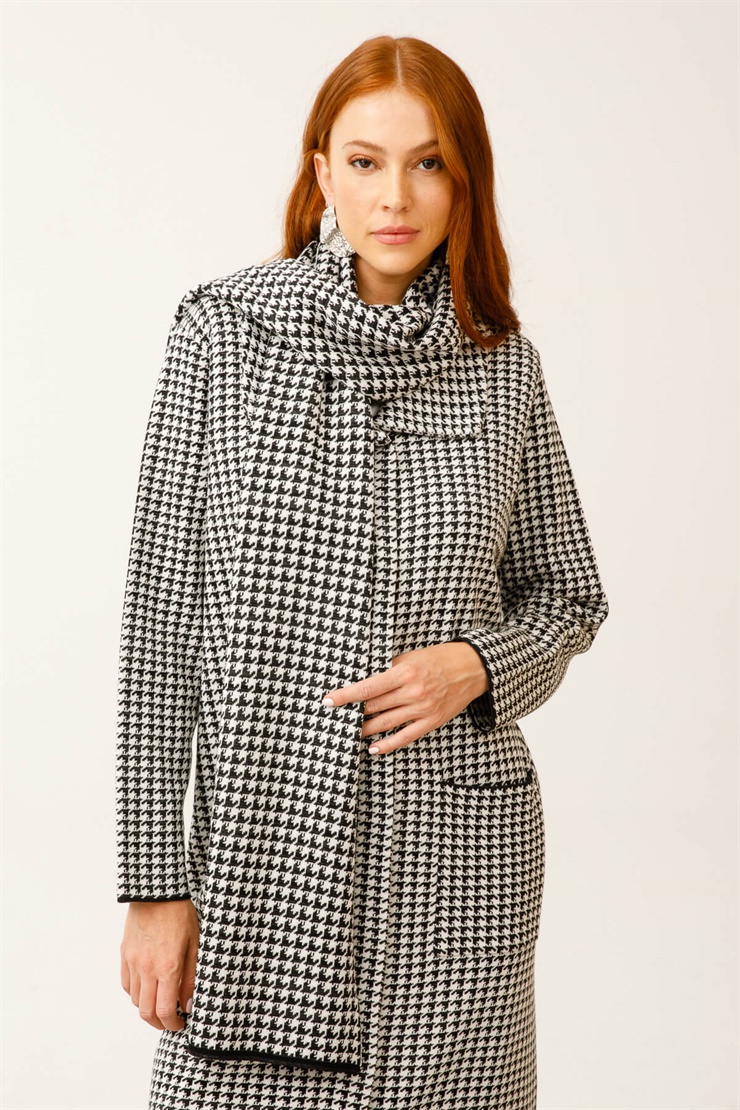 Kazayağı Desenli Pardesü ve Atkı Takım-Siyah-Ekru