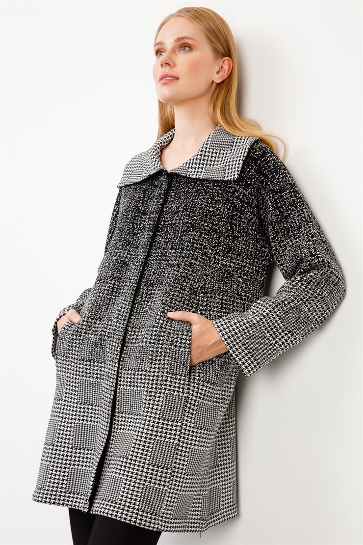 Kazayağı Gömlek Yaka Triko Ceket-Siyah-Ekru