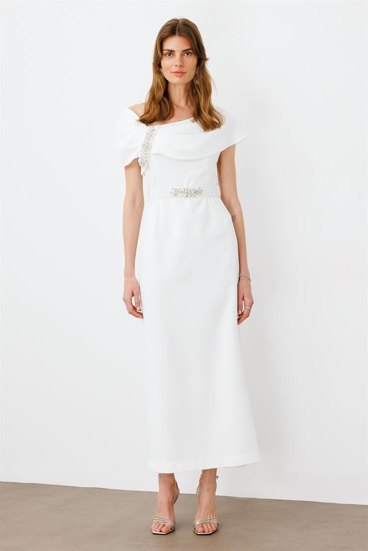 Modailgi  Aksesuar Detaylı Elbise Ekru