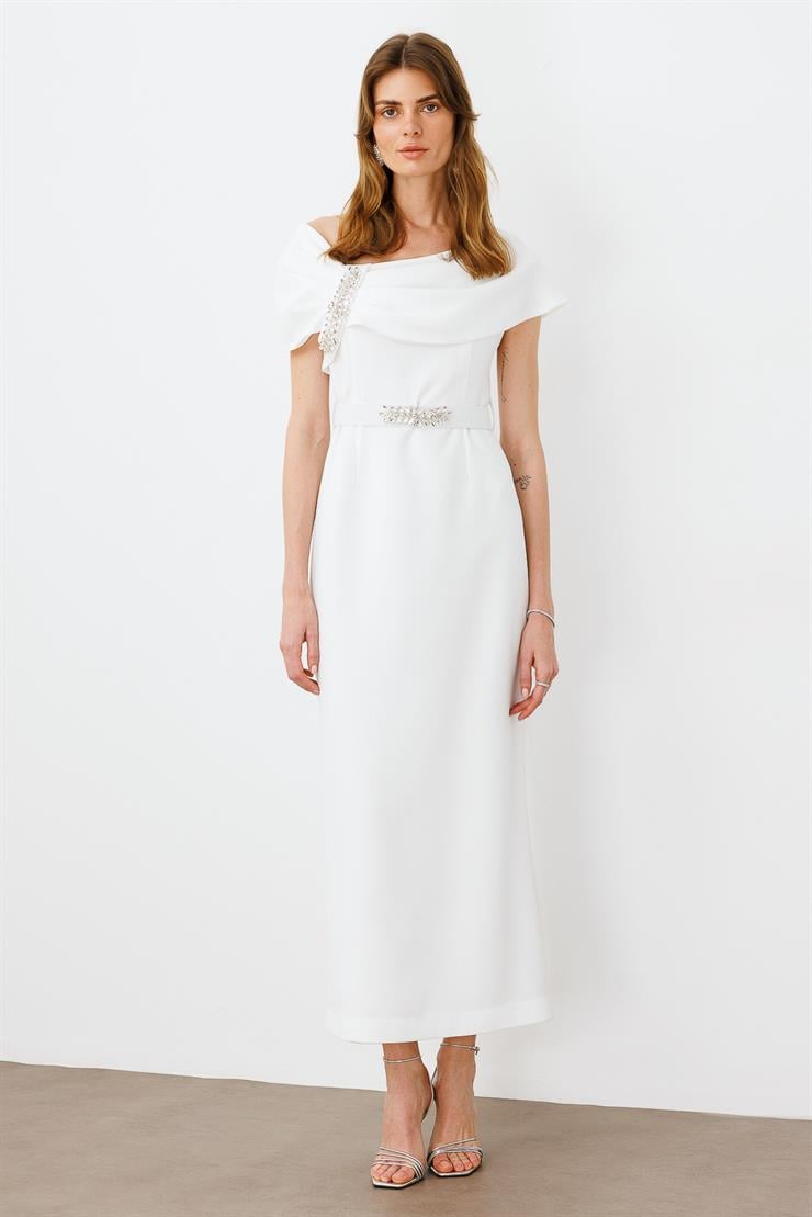 Modailgi  Aksesuar Detaylı Elbise Ekru