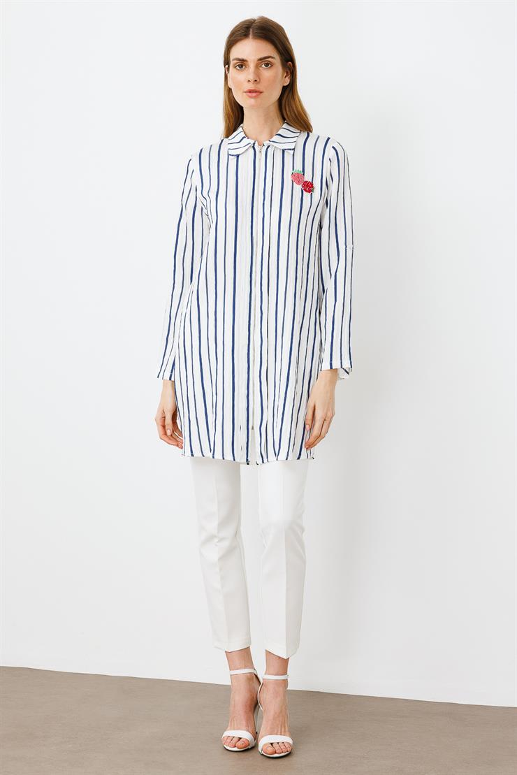 Modailgi  Aksesuar Detaylı Fermuar Kapamalı Çizgili Tunik Lacivert