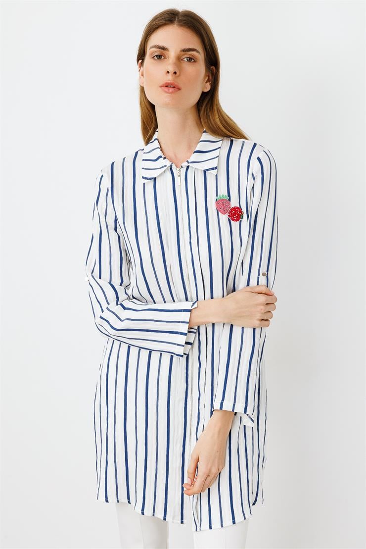 Modailgi  Aksesuar Detaylı Fermuar Kapamalı Çizgili Tunik Lacivert