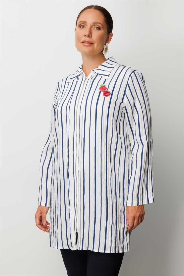 Modailgi  Aksesuar Detaylı Fermuar Kapamalı Çizgili Tunik Lacivert