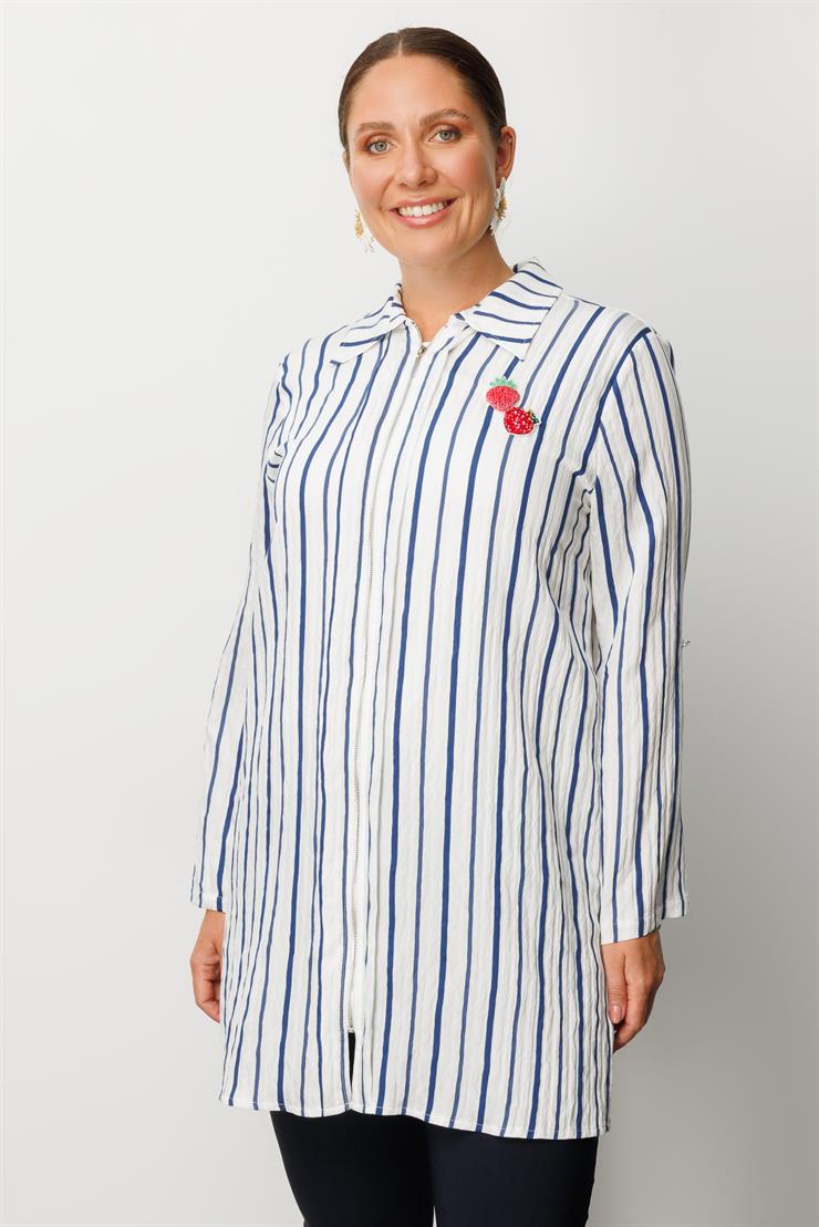 Modailgi  Aksesuar Detaylı Fermuar Kapamalı Çizgili Tunik Lacivert