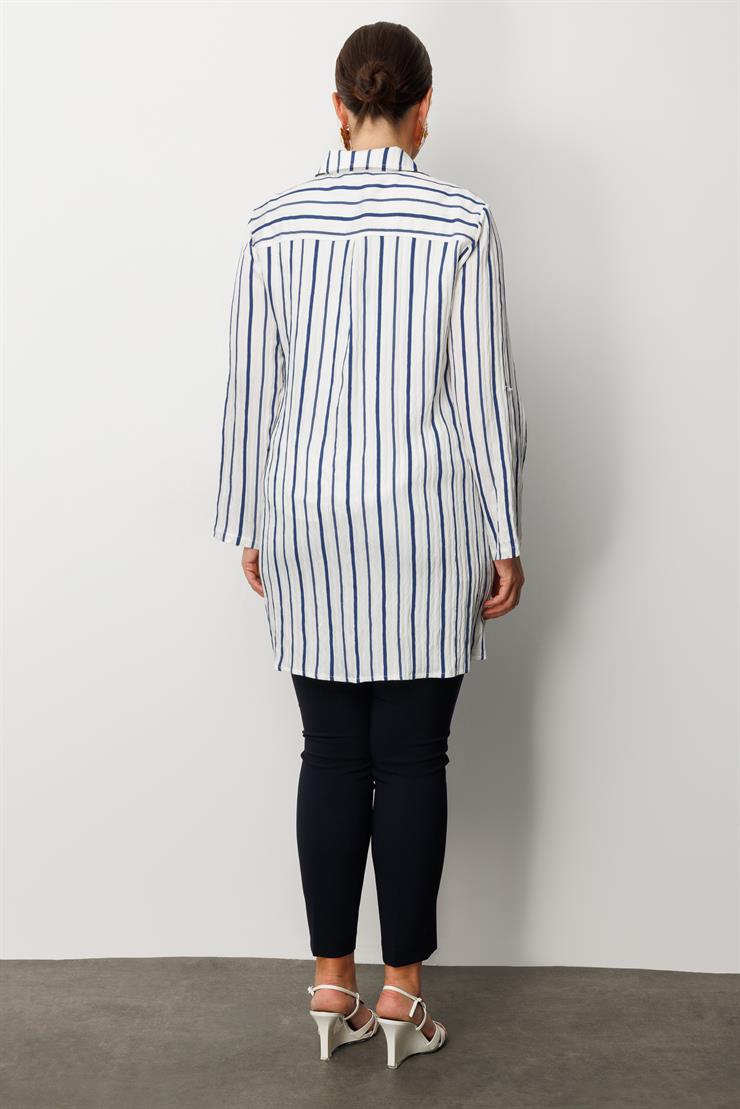 Modailgi  Aksesuar Detaylı Fermuar Kapamalı Çizgili Tunik Lacivert