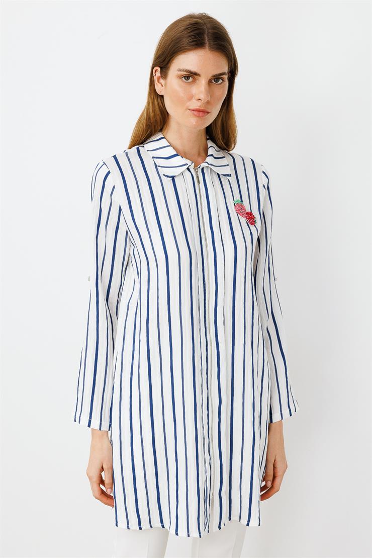 Modailgi  Aksesuar Detaylı Fermuar Kapamalı Çizgili Tunik Lacivert