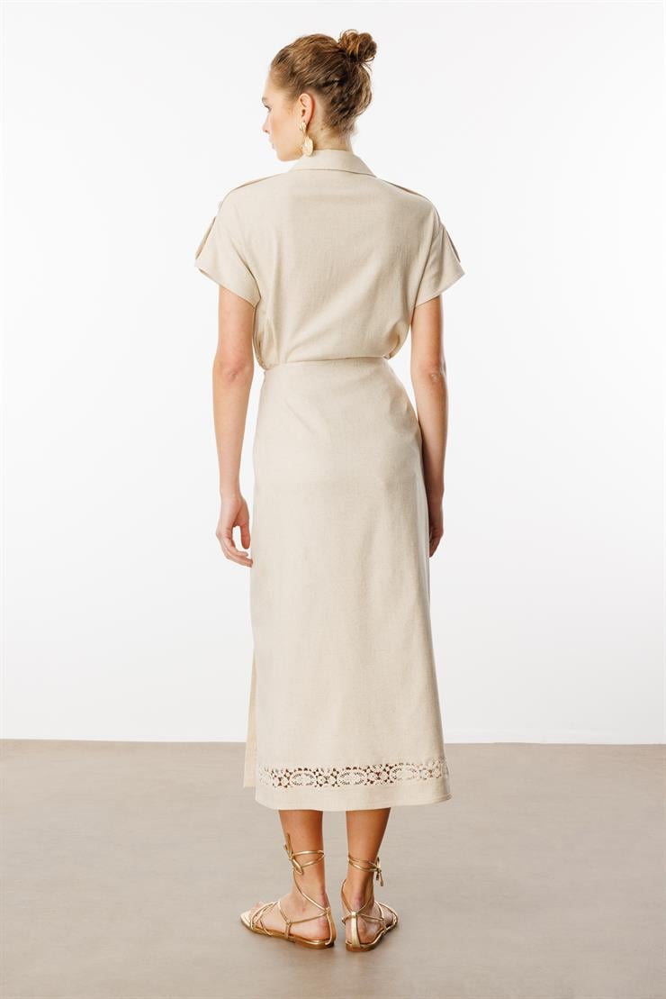 Modailgi  Anvelop Kapama Güpür Şerit Detaylı Yüksek Bel Keten Etek Orijinal