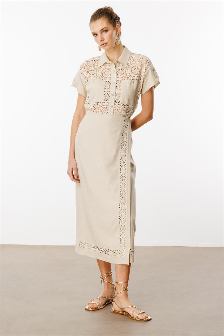 Modailgi  Anvelop Kapama Güpür Şerit Detaylı Yüksek Bel Keten Etek Orijinal