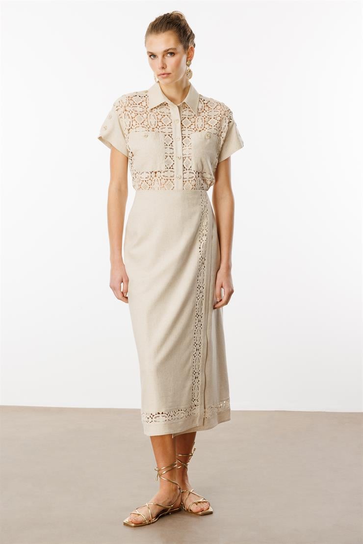 Modailgi  Anvelop Kapama Güpür Şerit Detaylı Yüksek Bel Keten Etek Orijinal