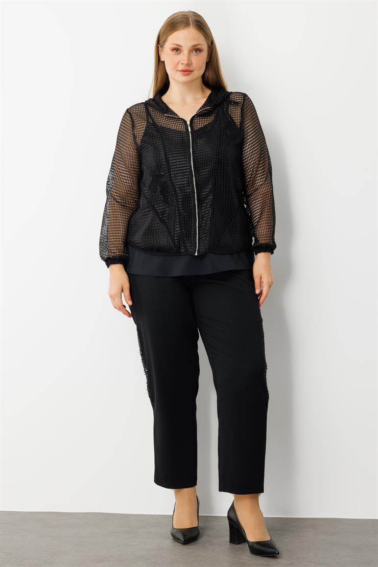 Modailgi  Aplikeli Kapüşonlu Fileli İkili Takım Siyah