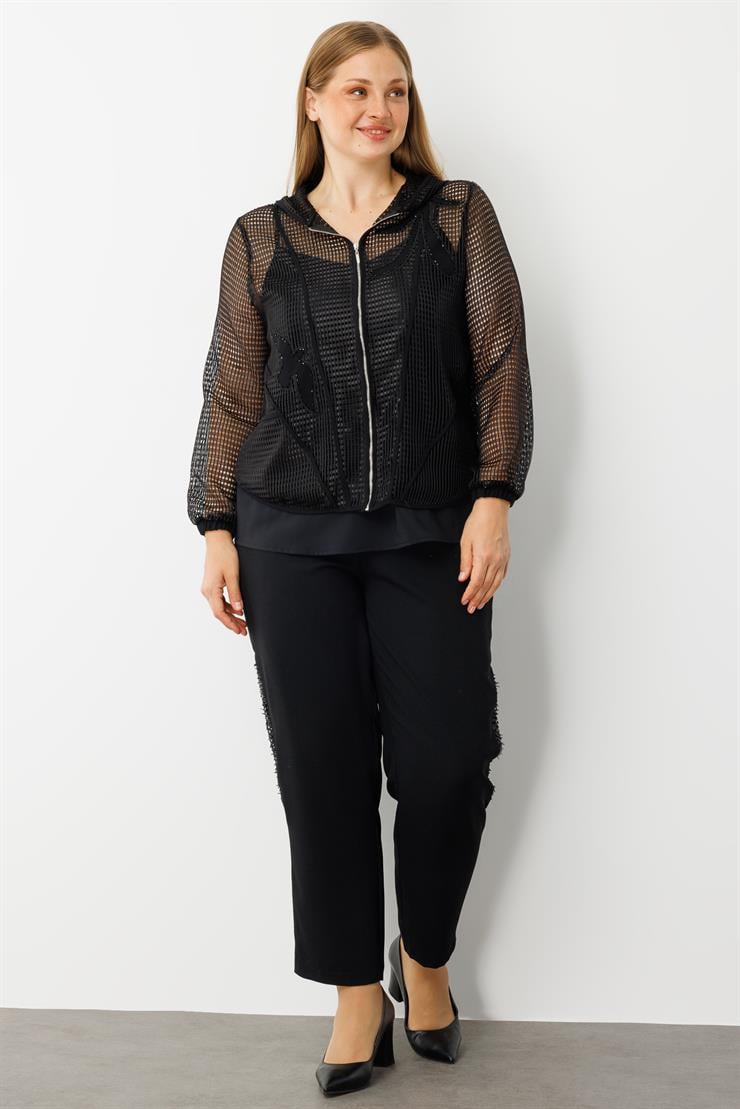 Modailgi  Aplikeli Kapüşonlu Fileli İkili Takım Siyah