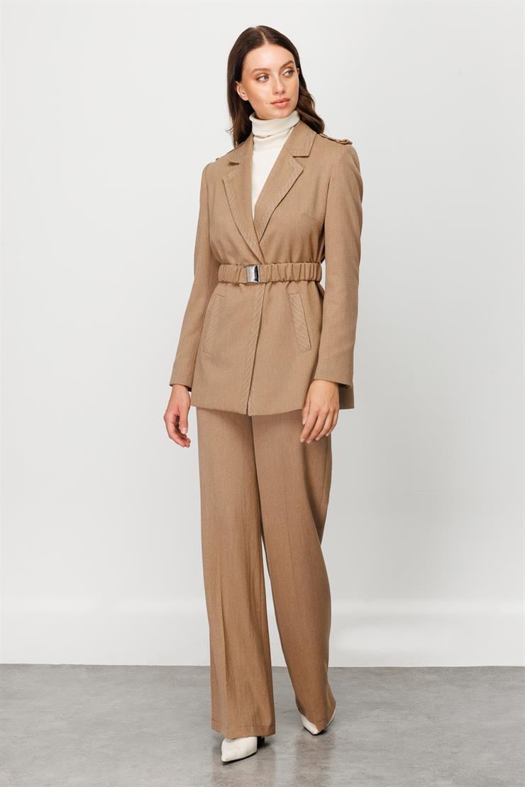 Modailgi  Apoletli Beli Lastik Kemerli Ceket Vizon