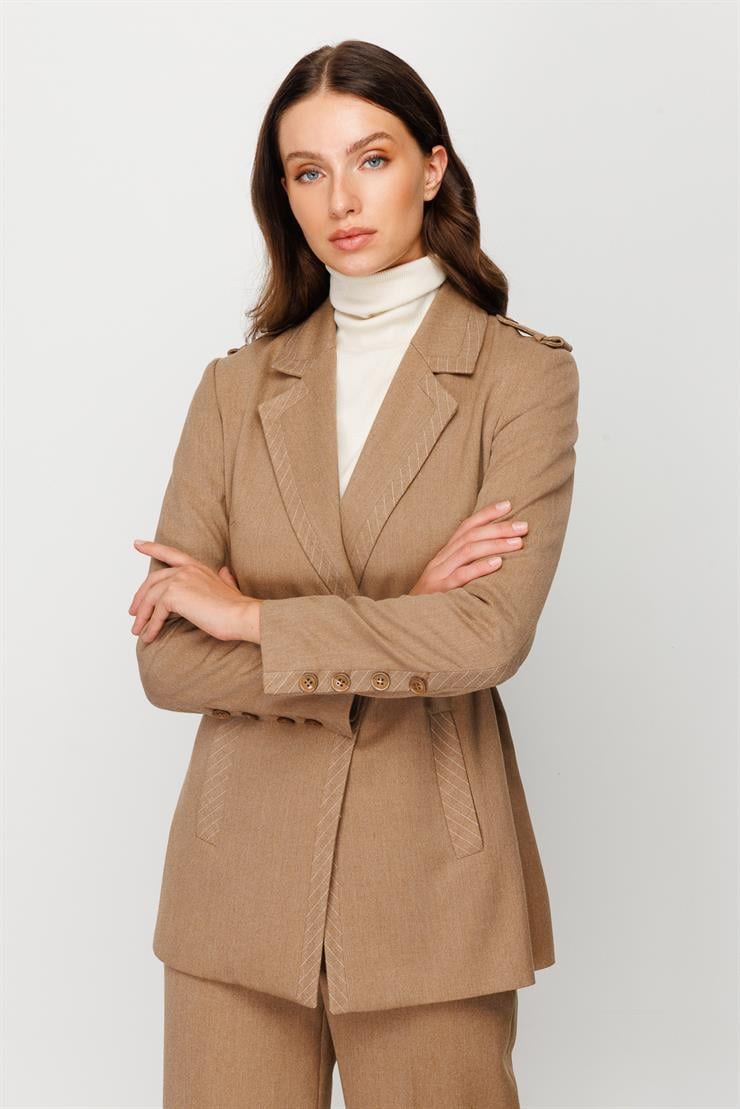 Modailgi  Apoletli Beli Lastik Kemerli Ceket Vizon