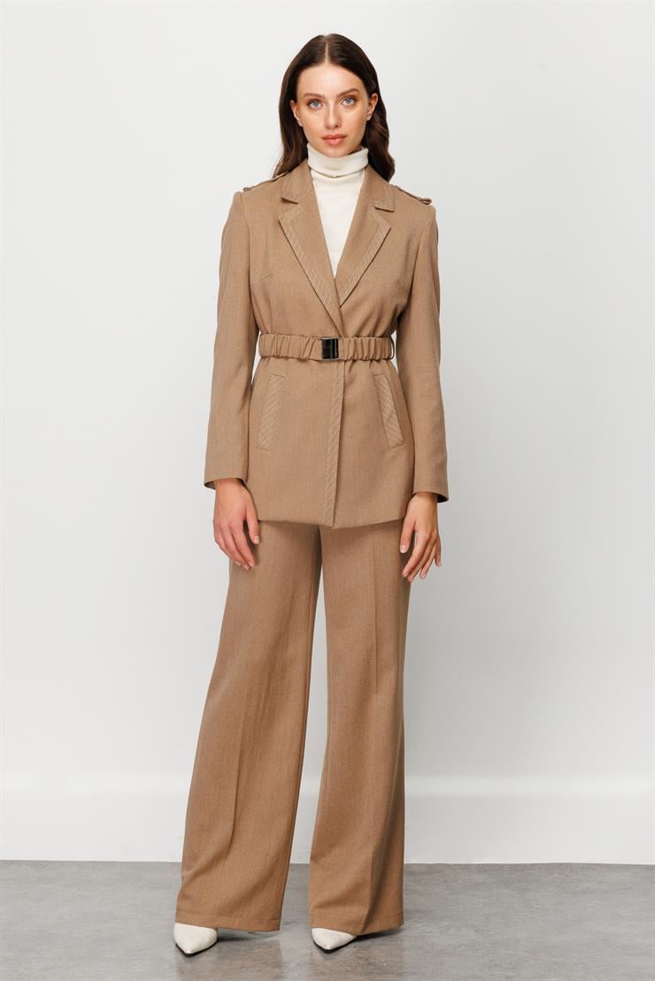 Modailgi  Apoletli Beli Lastik Kemerli Ceket Vizon