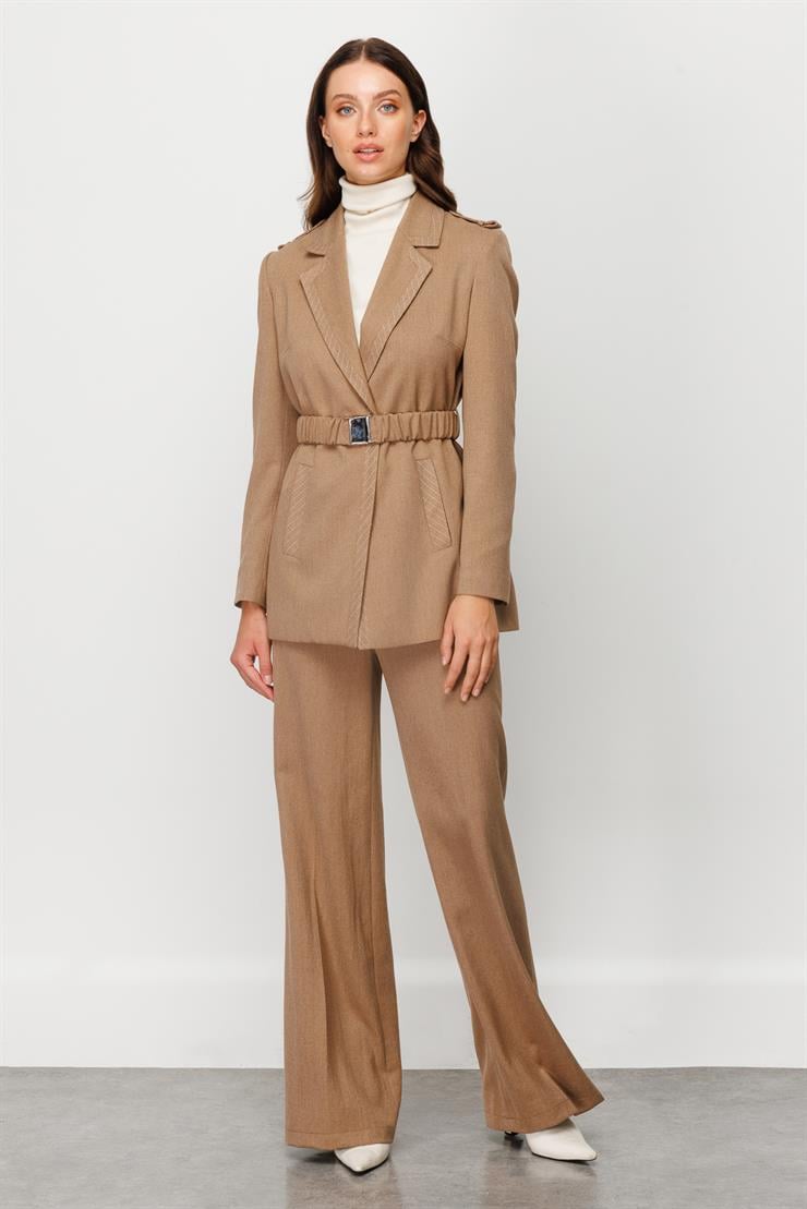 Modailgi  Apoletli Beli Lastik Kemerli Ceket Vizon