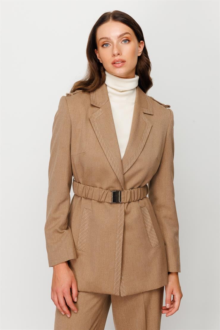 Modailgi  Apoletli Beli Lastik Kemerli Ceket Vizon