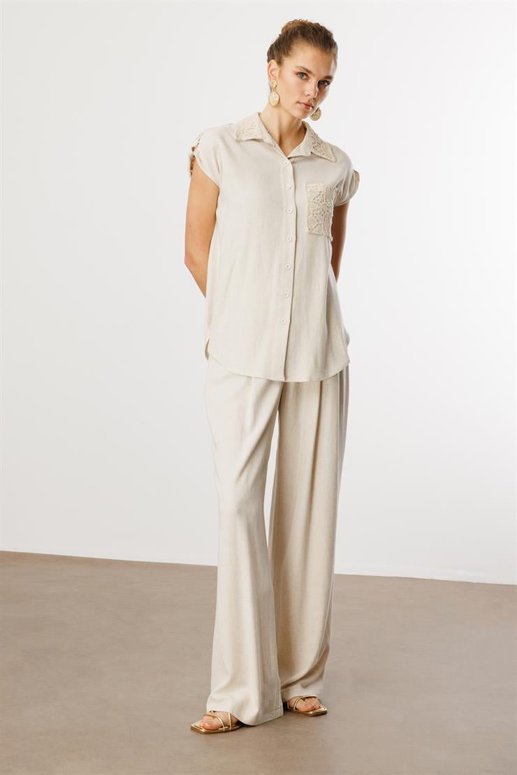 Modailgi  Apoletli Düşük Omuzlu Güpür Kumaş Detaylı Rahat Kesim Gömlek Orijinal