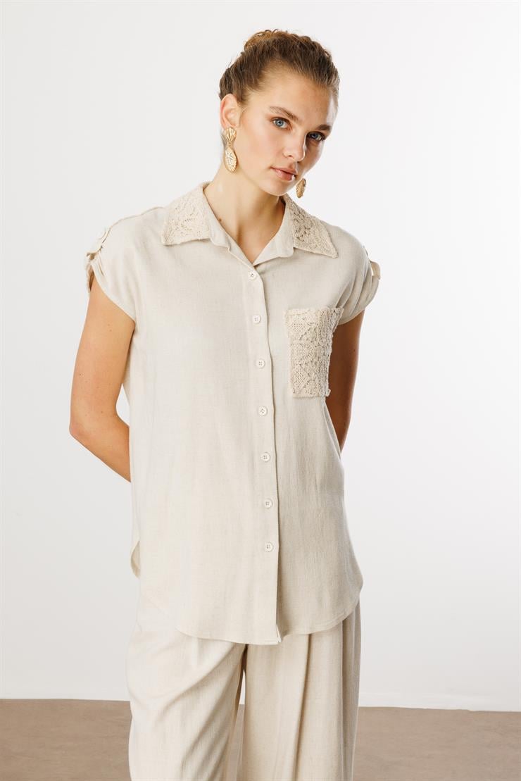 Modailgi  Apoletli Düşük Omuzlu Güpür Kumaş Detaylı Rahat Kesim Gömlek Orijinal