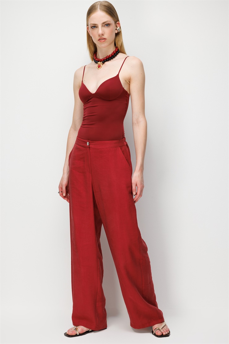 Modailgi  Arka Beli Lastikli Geniş Paça Tensel Pantolon - 75045 Bordo