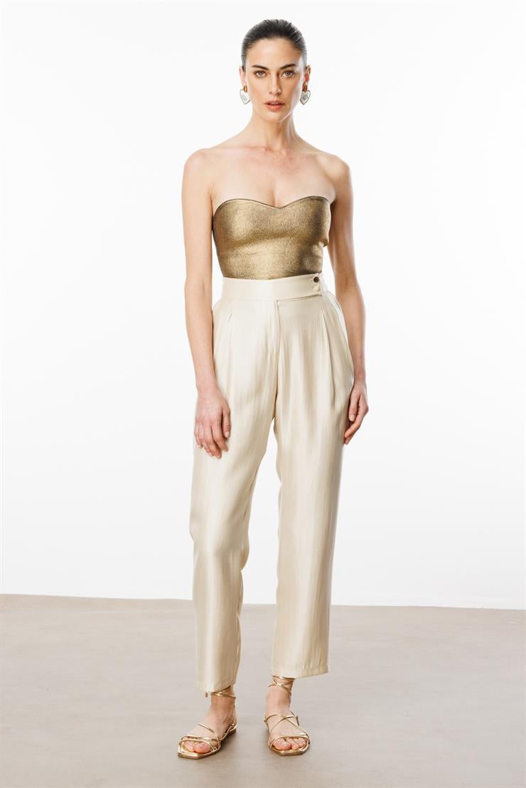 Modailgi  Arka Kemeri Lastikli Çift Pileli Pantolon - 15076 Bej