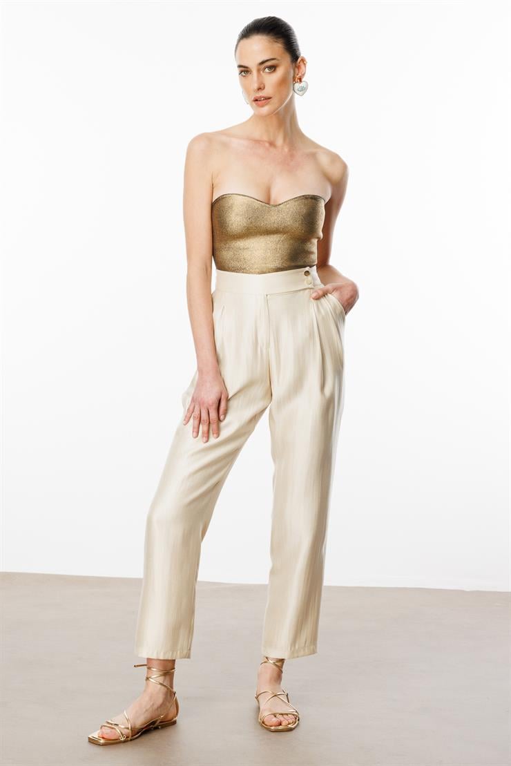 Modailgi  Arka Kemeri Lastikli Çift Pileli Pantolon - 15076 Bej