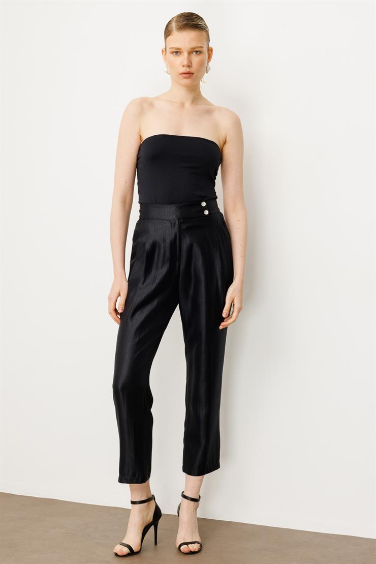 Modailgi  Arka Kemeri Lastikli Çift Pileli Pantolon - 15076 Siyah