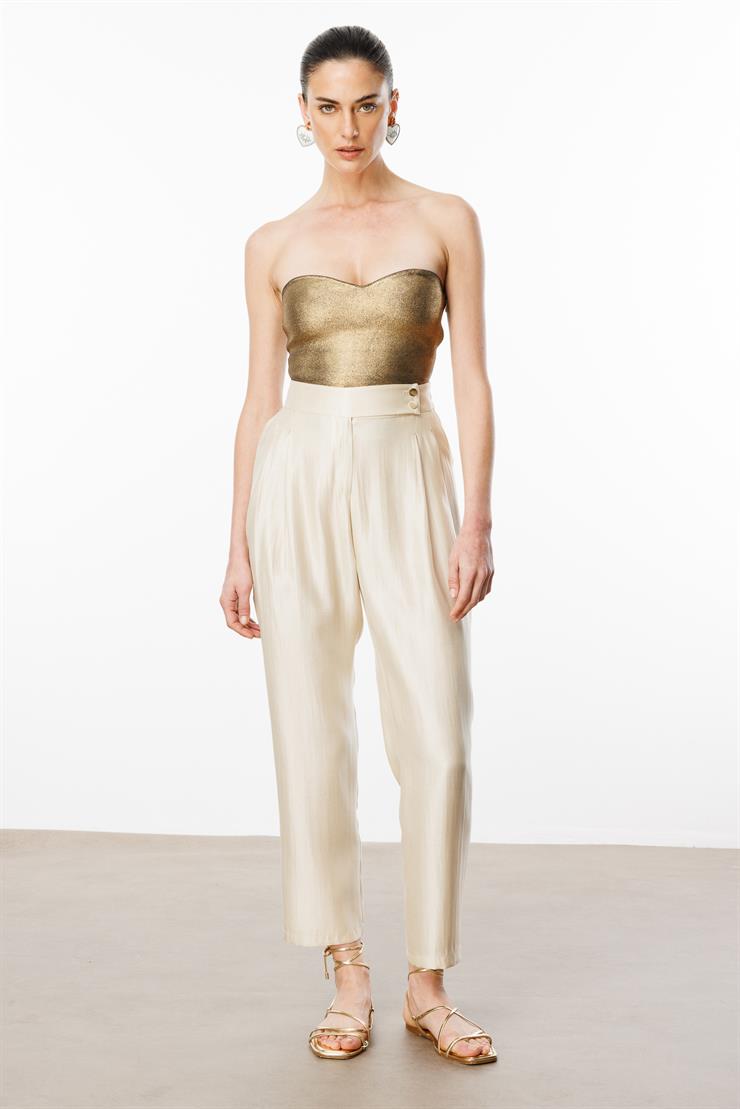 Modailgi  Arka Kemeri Lastikli Çift Pileli Pantolon - 15076 Bej