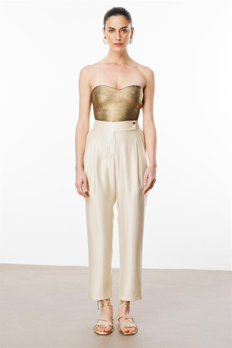 Modailgi  Arka Kemeri Lastikli Çift Pileli Pantolon - 15076 Bej