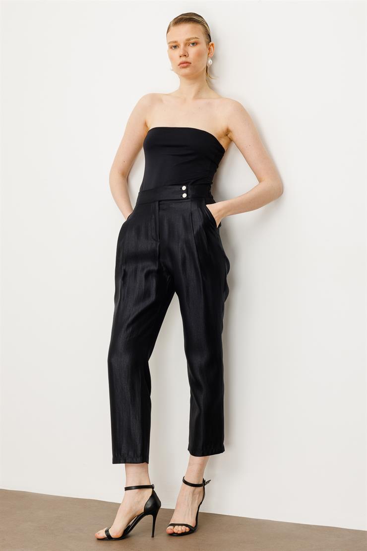 Modailgi  Arka Kemeri Lastikli Çift Pileli Pantolon - 15076 Siyah