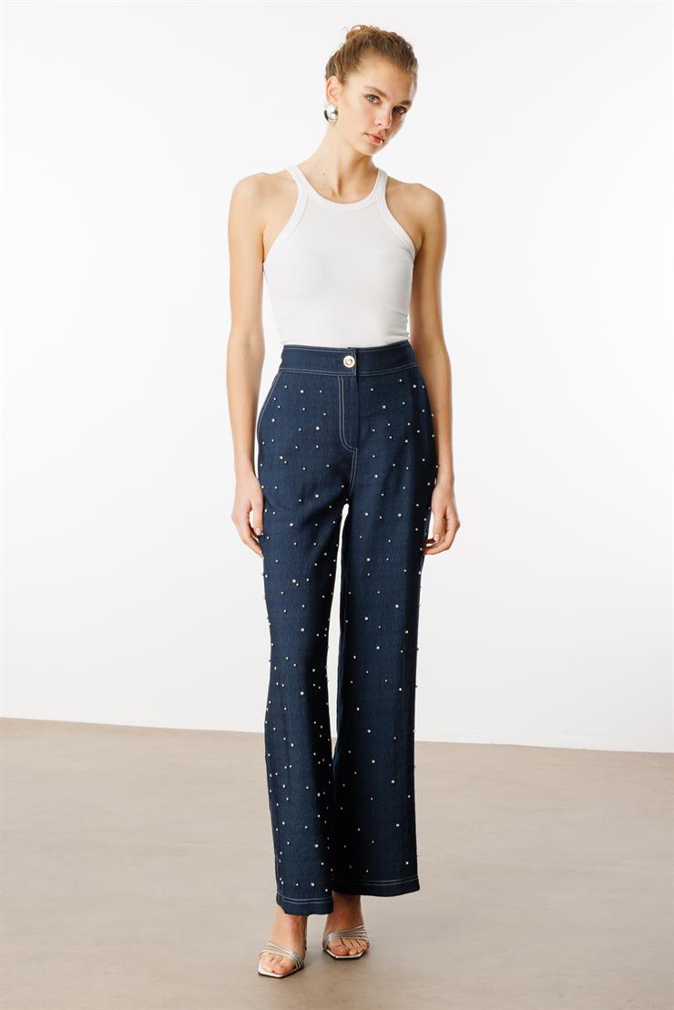 Modailgi  Arka Kemeri Lastikli İnci ve Taş Detaylı Pantolon - 15023 Lacivert