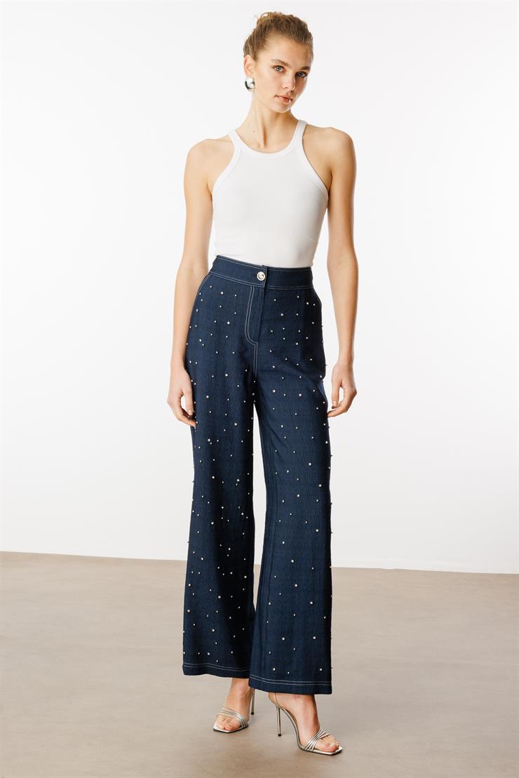 Modailgi  Arka Kemeri Lastikli İnci ve Taş Detaylı Pantolon - 15023 Lacivert