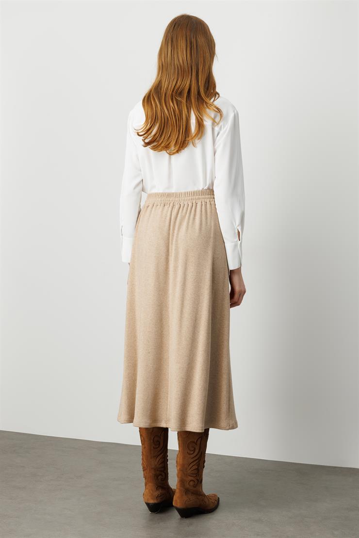 Modailgi  Arka Kemeri Lastikli Önde Tünel Bağcıklı Yandan Cepli Midi Boy Triko Etek Vizon