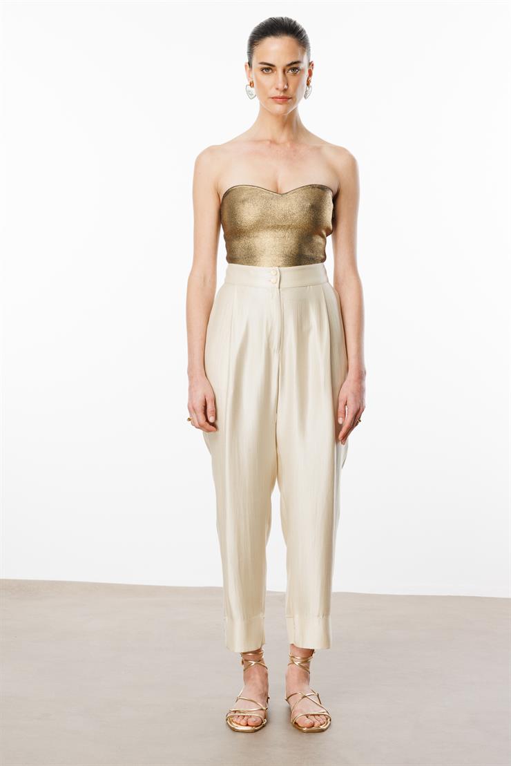 Modailgi  Arka Kemeri Lastikli Pile Detaylı Pantolon - 15075 Bej