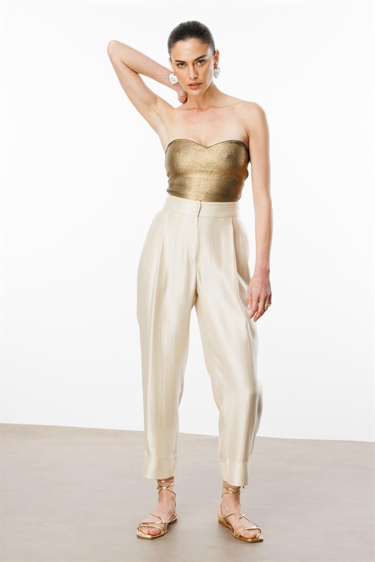 Modailgi  Arka Kemeri Lastikli Pile Detaylı Pantolon - 15075 Bej