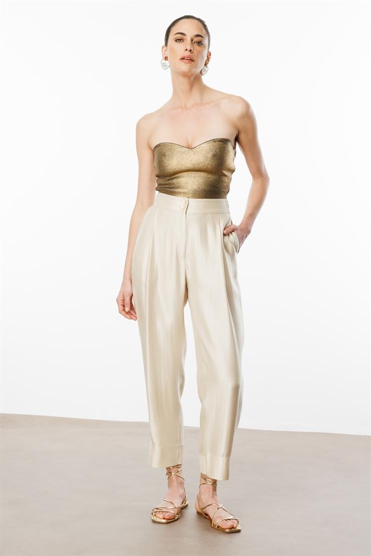 Modailgi  Arka Kemeri Lastikli Pile Detaylı Pantolon - 15075 Bej