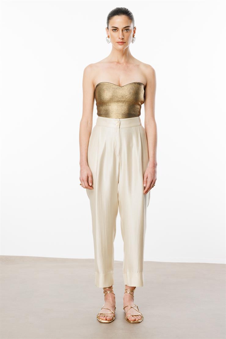 Modailgi  Arka Kemeri Lastikli Pile Detaylı Pantolon - 15075 Bej