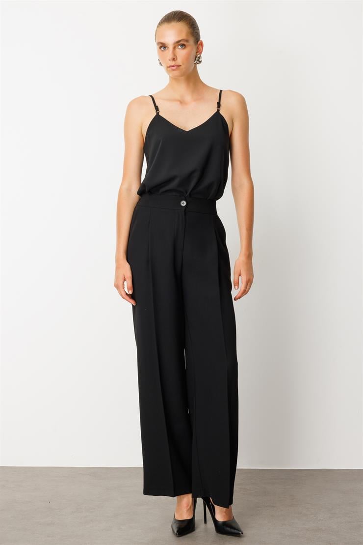 Modailgi  Arka Kemeri Lastikli Yandan Cepli Yüksek Bel Pile Detaylı Palazzo Pantolon - 15044 Siyah