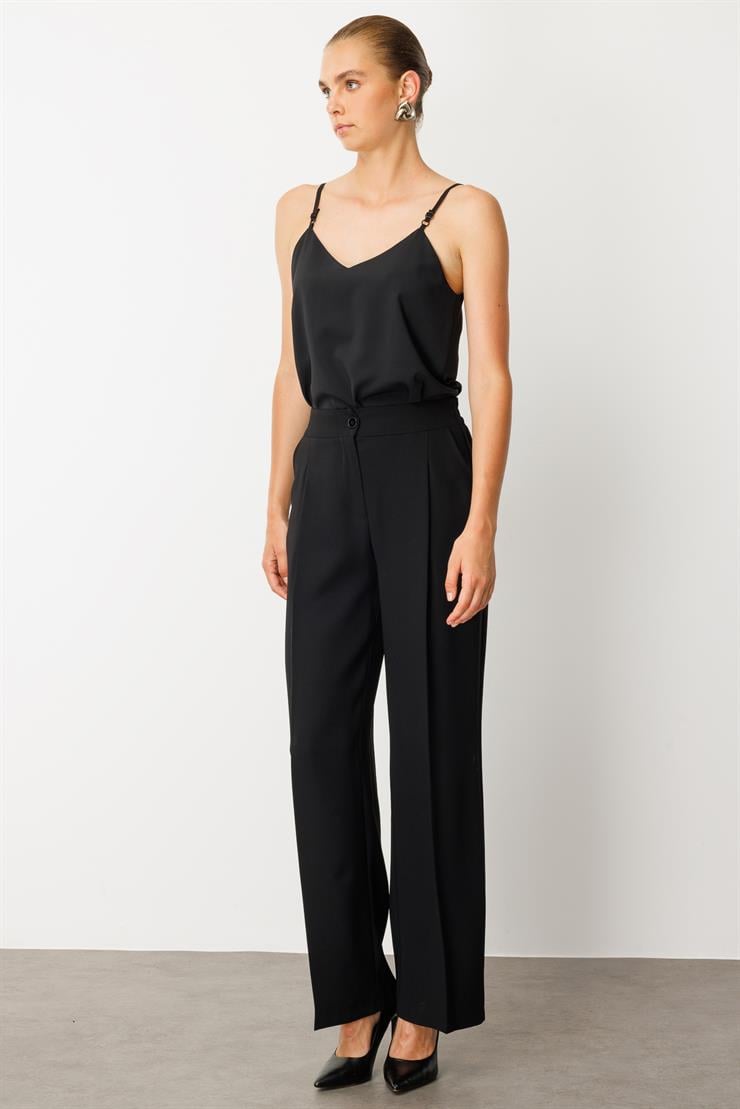 Modailgi  Arka Kemeri Lastikli Yandan Cepli Yüksek Bel Pile Detaylı Palazzo Pantolon - 15044 Siyah