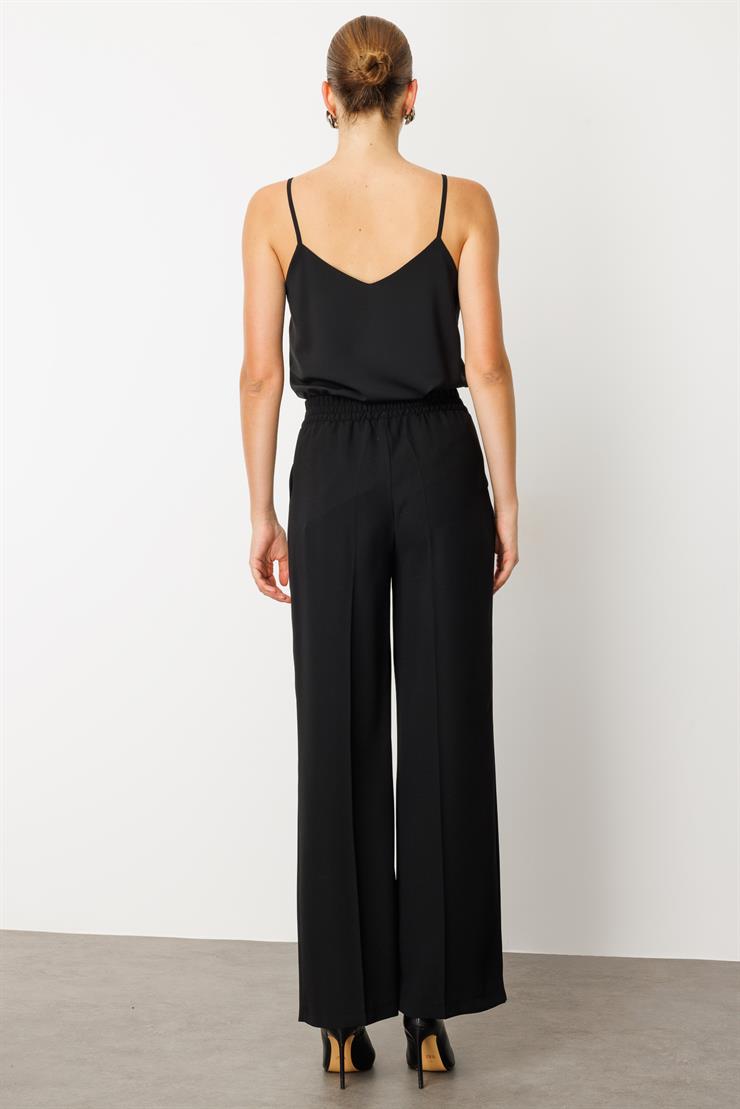 Modailgi  Arka Kemeri Lastikli Yandan Cepli Yüksek Bel Pile Detaylı Palazzo Pantolon - 15044 Siyah