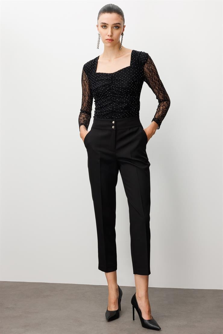 Modailgi  Arka Kemeri Lastikli Yüksek Bel Pantolon Siyah