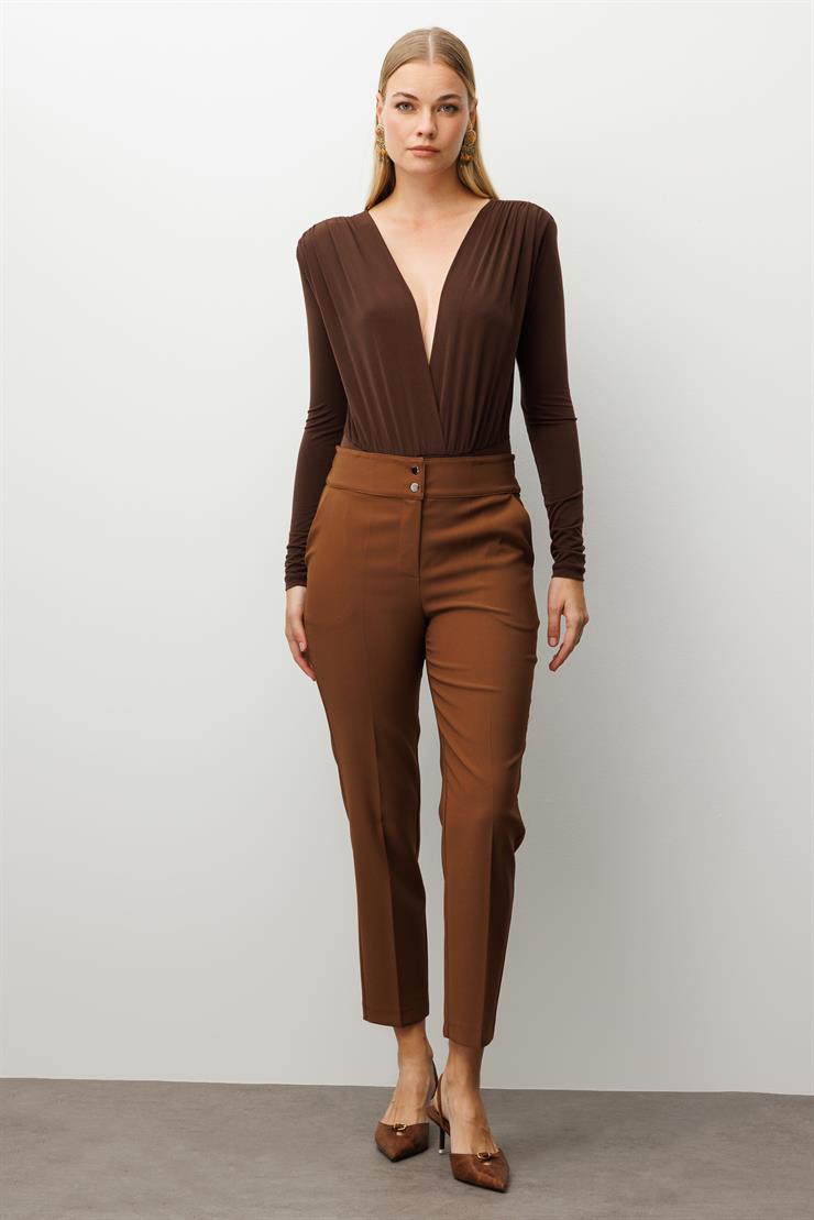 Modailgi  Arka Kemeri Lastikli Yüksek Bel Pantolon Taba