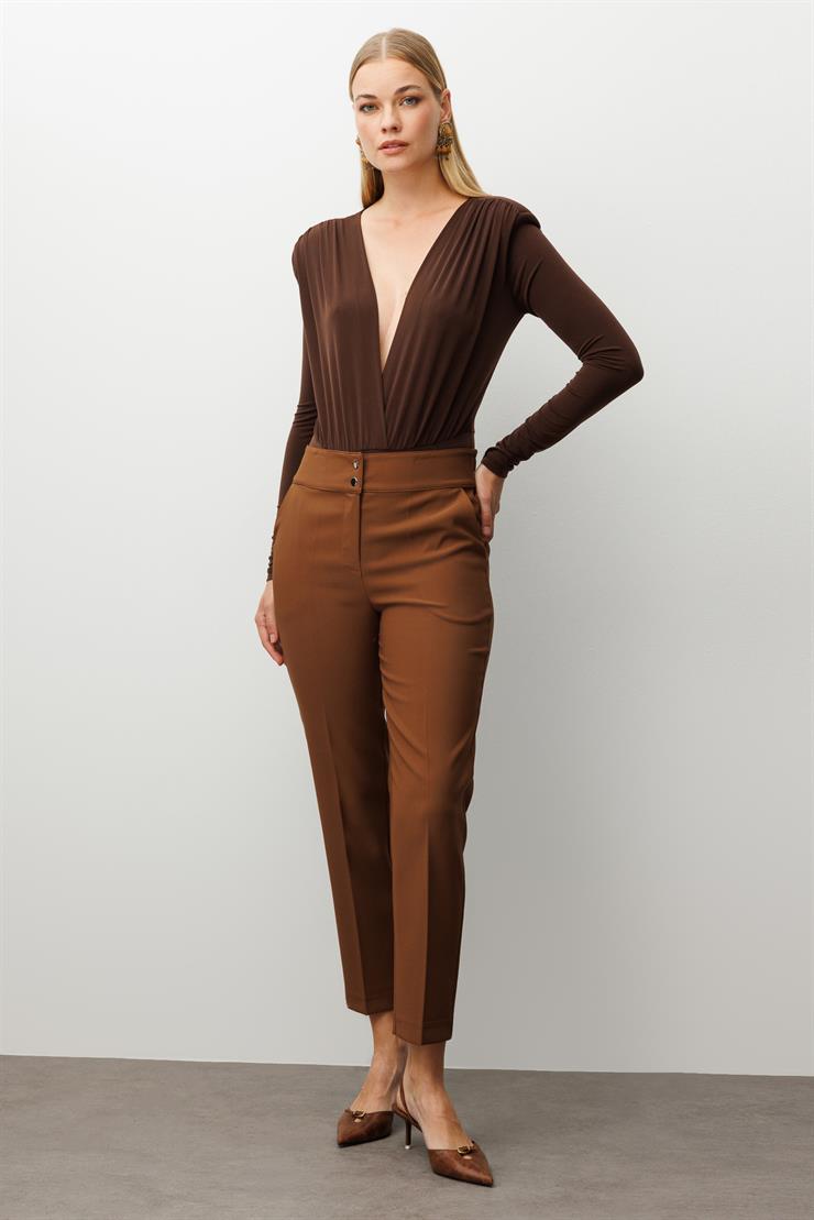 Modailgi  Arka Kemeri Lastikli Yüksek Bel Pantolon Kahve