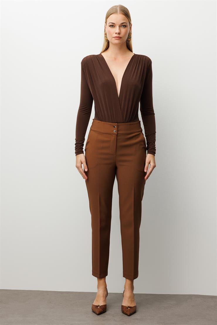 Modailgi  Arka Kemeri Lastikli Yüksek Bel Pantolon Kahve