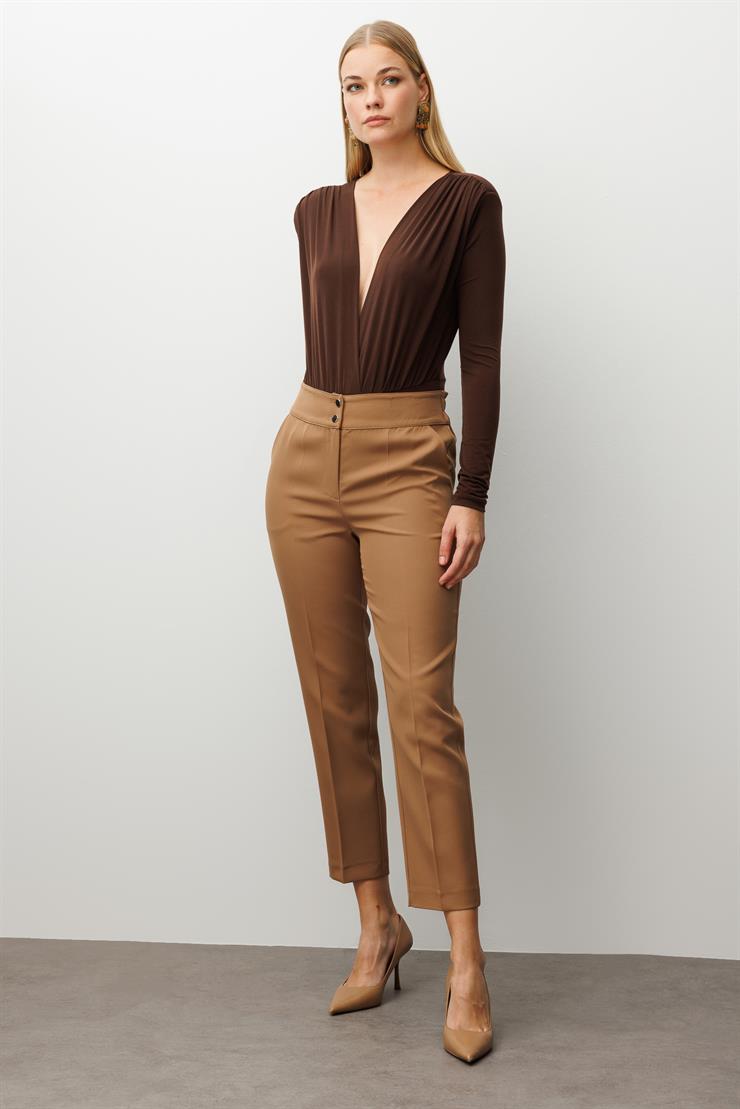 Modailgi  Arka Kemeri Lastikli Yüksek Bel Pantolon Vizon