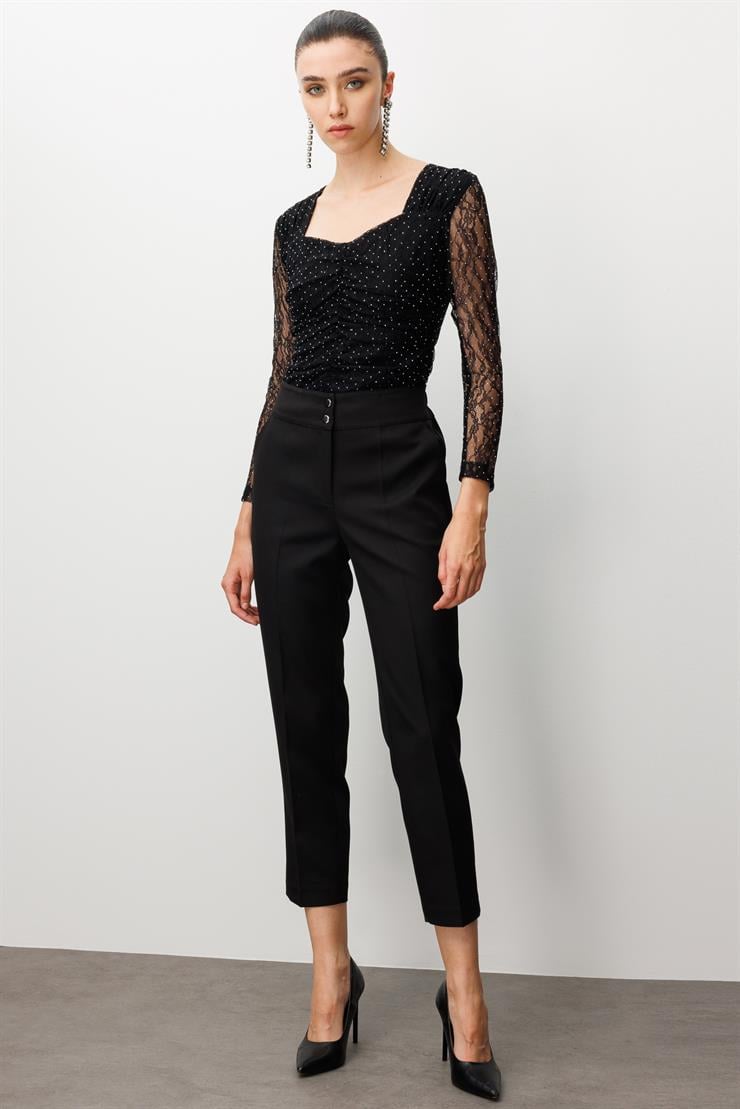 Modailgi  Arka Kemeri Lastikli Yüksek Bel Pantolon Siyah